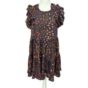Entro Women's Ruffle Sleeve Floral Dress Black M Tiered Boho Mini Lined